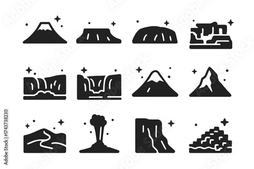 Iconic Natural Landmarks. Natural landmarks. Solid icons set of Natural landmarks: Mount Fuji, Table Mountain, Uluru, Grand Canyon, Victoria Falls, Niagara