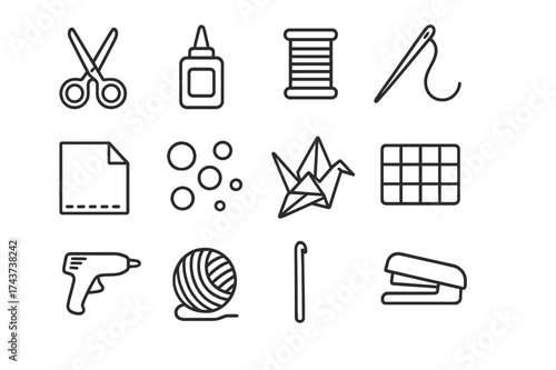 Craft Tools Icons. Craft making. Line outline icon set of craft making: scissors, glue bottle, thread spool,