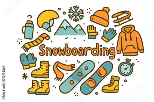 Snowboarding Doodle Art. Snowboarding. Hand-drawn doodle illustration of Snowboarding. Snowboard, helmet,