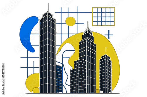 Glowing Skyscraper Design. Architectural Drawing. Tall skyscrapers sketched with fine glowing lines, abstract