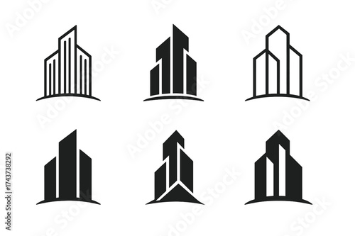Skyscraper Logo Variations. Infrastructure development in emerging markets. Set Logo of skyscraper: rising tall buildings representing growth. harmonious logo
