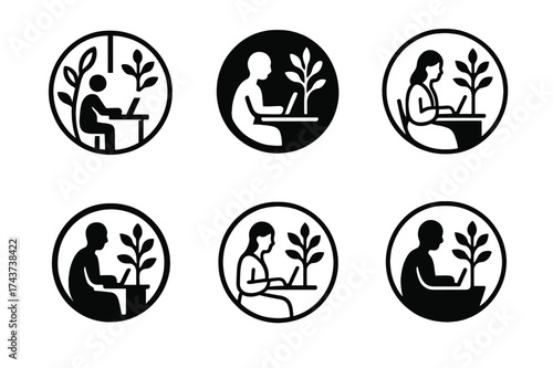 Harmony Logo Variations. A person working in a calm and peaceful environment. Set Logo of harmony circle: person inside circle with nature symbols. harmonious