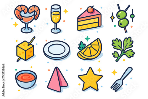 Festive Table Icons. Festive Table. Colorful isometric vector icons set of festive table: shrimp cocktail, champagne glass, cake slice, olive skewer, cheese