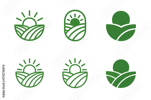 Organic Farm Logos. Organic and plant-based food systems. Set Logo of farm field: stylized rows of crops with sun above. harmonious logo variations of the same