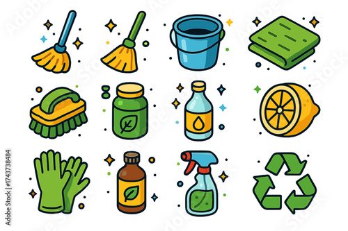 Eco-Friendly Cleaning Icons. Green Household. Colorful isometric vector icons set of green household: mop, broom, bucket, cloth, brush, jar, vinegar, lemon,