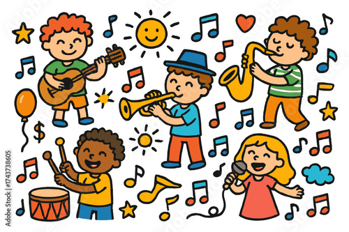 Colorful Music Illustration. Musicians. Colorful Hand-drawn doodle Children illustration guitar, drum, saxophone, trumpet, singer, microphone, hat, star, coin,
