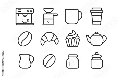 Coffee Shop Icons. Coffee shop essentials. Line icon set of coffee shop essentials: espresso machine, coffee grinder, mug, to-go cup, coffee bean, croissant,