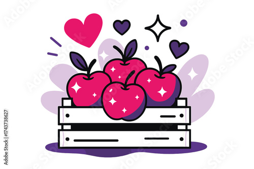 Sparkling Apple Harvest. Sweet harvest. A crate of apples glowing with sparkles, abstract shapes of hearts and stars floating above symbolizing joy and