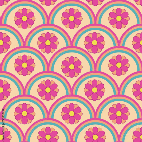70s retro flower scallops seamless vector pattern design