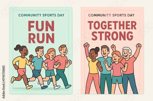 Community Fun Run. Community Sports Day. Two vertical A6 banners with safe margins, centered composition, no elements touching edges, cartoon style, pastel