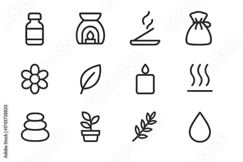 Aromatherapy Icon Set. Aromatherapy. Line outline icon set of aromatherapy: essential oil bottle, diffuser,