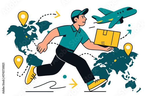 Dynamic Global Delivery. Cross-border delivery. A courier running with a package that transforms into a flying
