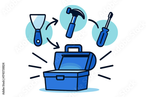 Essential Repair Icons. Toolbox essentials. A glowing toolbox open with putty knife, hammer, and screwdriver
