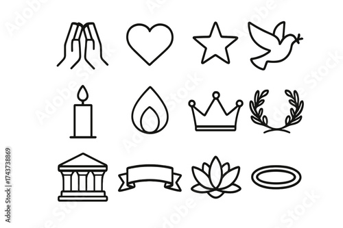 Devotion Icon Set. Devotion. Line outline icon set of Devotion: prayer hands, heart, star, dove, candle, flame