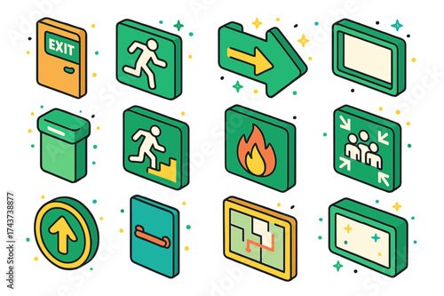 Colorful Evacuation Signs. Evacuation Signs. Colorful isometric vector icons set of Evacuation Signs: exit door sign, running figure, emergency arrow, green
