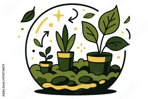 Magical Terrarium Scene. Terrarium scene. Miniature terrarium with tiny potted plants, moss, and stones, with