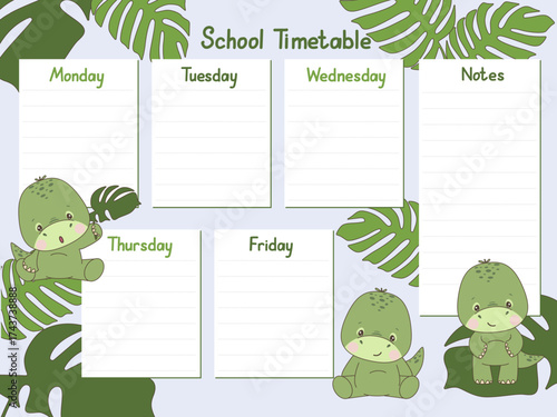 Adorable dinosaur-themed school timetable vector illustration featuring playful green dinosaurs and tropical leaves. Spaces for each weekday and extra notes section for planning.