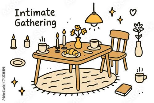 Cozy Table Setting. Intimate Gathering. Hand-drawn doodle illustration small table (colored), candles, coffee cups (colored), plates, croissant, flower vase