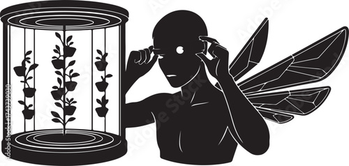 Mysterious silhouette of a winged figure tending to a vertical indoor garden in a stylized cylindrical greenhouse