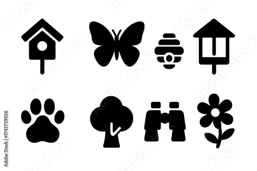 Wildlife Icons Set. Wildlife Care. Filled icon set of Wildlife Care: birdhouse, butterfly, bee hive, bird