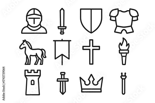 Medieval Knight Icons. Medieval knight. Line icon set of medieval knight: helmet, sword, shield, armor, horse, banner, cross, torch, castle tower, crown. All