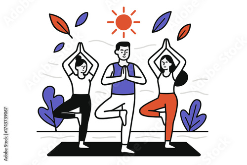 Minimalist Yoga Harmony. Yoga Flow. Minimalist studio with people in glowing tree pose, abstract leaves and