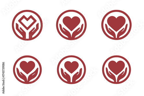 Heart and Hands Emblems. Support for caregivers. Set Logo of heart and hands circle: circular emblem of care and love. harmonious logo variations of the same