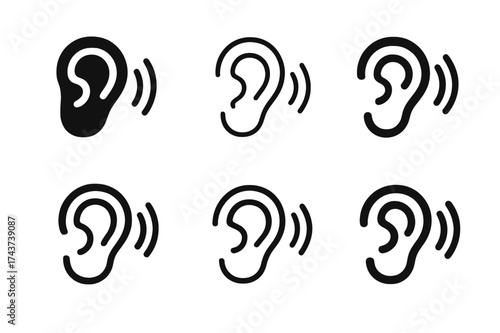 Hearing Support Logos. Designing for accessibility in urban environments. Set Logo of hearing support: ear with sound waves symbol. harmonious logo variations