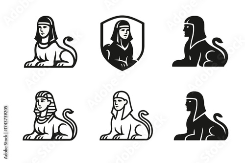 Sphinx Logo Variations. A mythical creature blending human and animal features. Set Logo of sphinx: human head with lion body. harmonious logo variations of