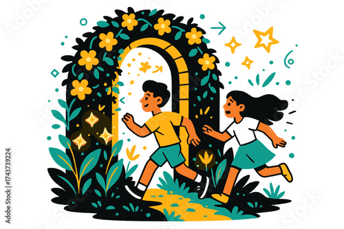 Enchanted Garden Entrance. Secret garden. Archway overgrown with glowing flowers, children stepping through