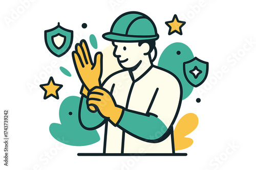 Safety Gear Hero. Protective Gear. A glowing worker putting on safety gloves and helmet, abstract floating icons of shields and stars symbolizing readiness.