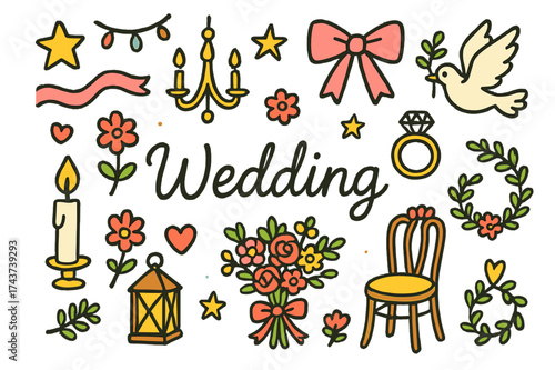 Whimsical Wedding Doodles. Elegant Wedding. Colorful Hand-drawn doodle Children illustration chandelier, ribbon, bow, candle, flower, bouquet, lantern, heart,