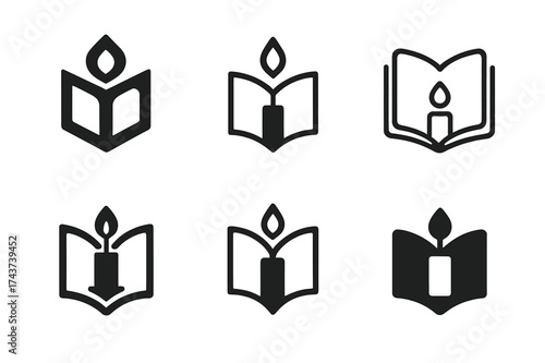 Cozy Reading Logos. Reading by candlelight. Set Logo of Cozy reading: candle holder and book icon. harmonious logo variations of the same emblematic concept,