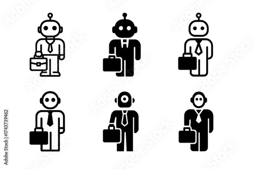 AI Robot Logo Variations. Artificial intelligence in business. Set Logo of robot assistant: humanoid AI figure with briefcase. harmonious logo variations of