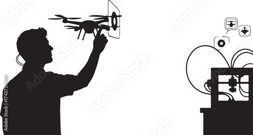 Silhouette of a person interacting with a drone in a futuristic augmented reality environment with holographic displays and data visualizations
