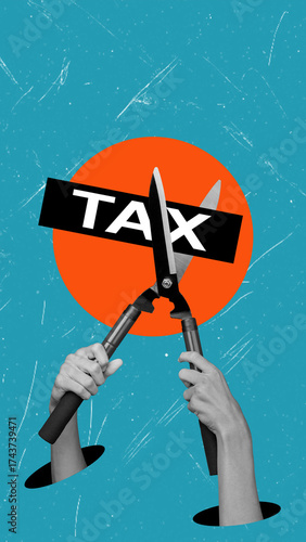 Art collage, Hands holding scissors cut through a bold tax sign against a bright backdrop