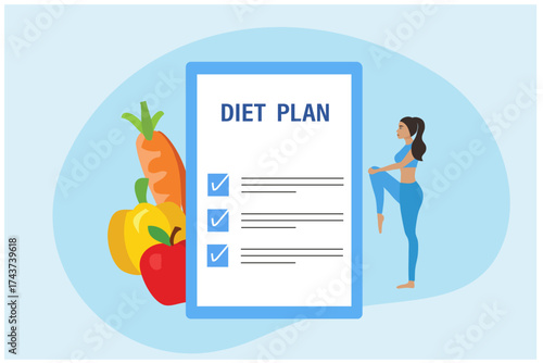 Healthy diet plan, woman eat healthy food and planning diet with fruit and vegetable vector	
