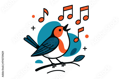 Bird Song Symphony. Birdsong. A small bird perched on a branch, glowing musical notes floating above it like abstract shapes. Peaceful and bright atmosphere.