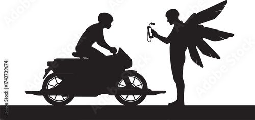 Silhouette of a motorcyclist on a vintage scooter interacting with a winged fairy holding a small object in a whimsical artistic representation