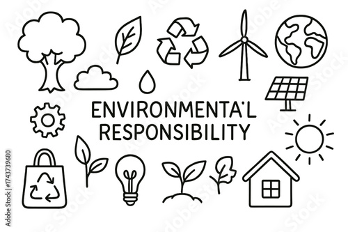 Environmental Doodle Icons. Environmental Responsibility. Hand-drawn doodle illustration Environmental Responsibility tree, leaf, recycle arrows, globe, solar