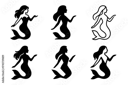 Mermaid Logo Collection. A mythical creature blending human and animal features. Set Logo of mermaid: half-human, half-fish silhouette. harmonious logo