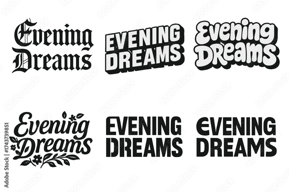 Obraz premium Evening Lettering Variations. Evening Dreams. Set lettering. harmonious lettering variations of the same emblematic concept (Gothic-inspired decorative type,