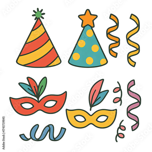 パーティーハットとマスクのイラスト｜Party Hats and Masks Illustration