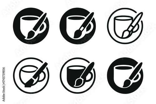 Ceramic Mug Logos. Creating custom ceramic mugs and cups. Set Logo of circular cup badge: round emblem with mug and paintbrush. harmonious logo variations of