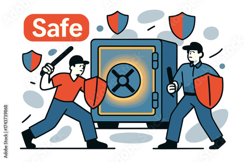 Vault Secured. Vault protection. Two security figures guarding the glowing vault, abstract shields floating around them. The word ?Safe? appears as a luminous