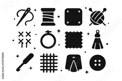 Textile Craft Icons. Textile Art. Solid icons set of Textile Art: needle, thread spool, fabric patch, yarn ball, knitting needle, stitch pattern, embroidery