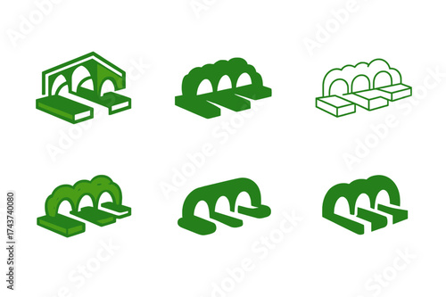 Green Bridge Logos. Green bridges. Set Logo of Green bridges: Modular floating green span. harmonious logo variations of the same emblematic concept, each with