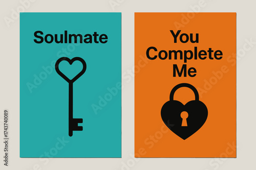 Soulmate Banners with Locks. Soulmate. Two vertical A6 banners, minimal, turquoise and orange backgrounds, matching keys and heart-shaped lock with clean