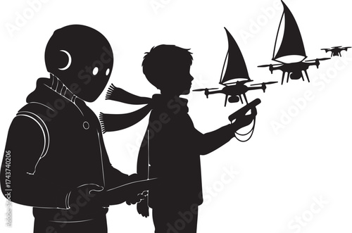 Two silhouetted figures one adult and one child controlling drones with sailboat like attachments in a white background