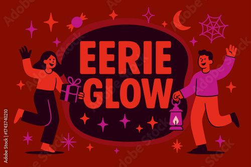 Eerie Glow Celebration. EerieGlow banner, flat vector illustration, bold oversized text inside rounded blob, cartoon characters dancing and waving near banner,